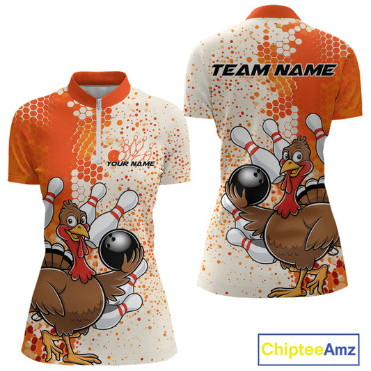Custom Funny Orange Thanksgiving Turkey Bowling Women Quarter-Zip Shirts, Bowling Jersey IPHW9767