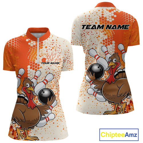 Custom Funny Orange Thanksgiving Turkey Bowling Women Quarter-Zip Shirts, Bowling Jersey IPHW9767