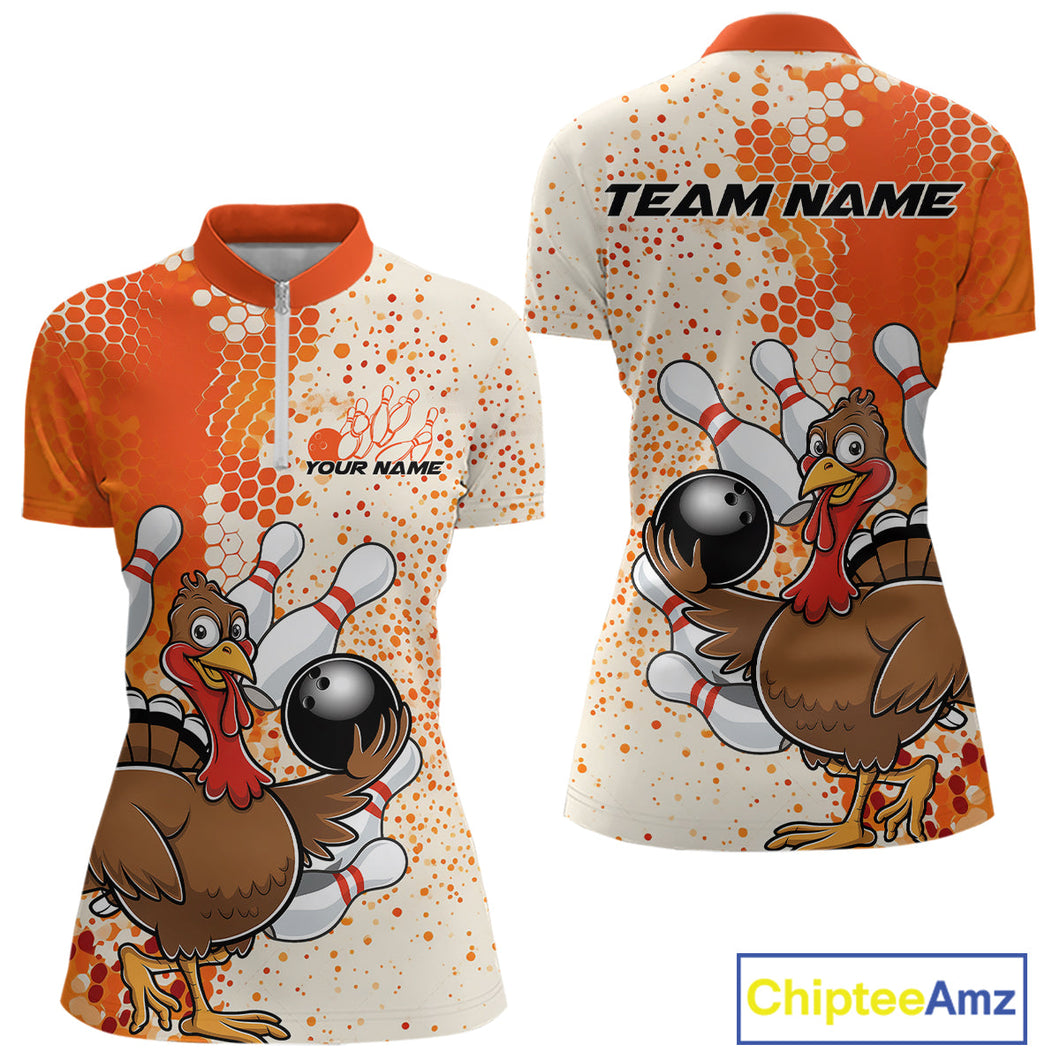 Custom Funny Orange Thanksgiving Turkey Bowling Women Quarter-Zip Shirts, Bowling Jersey IPHW9767