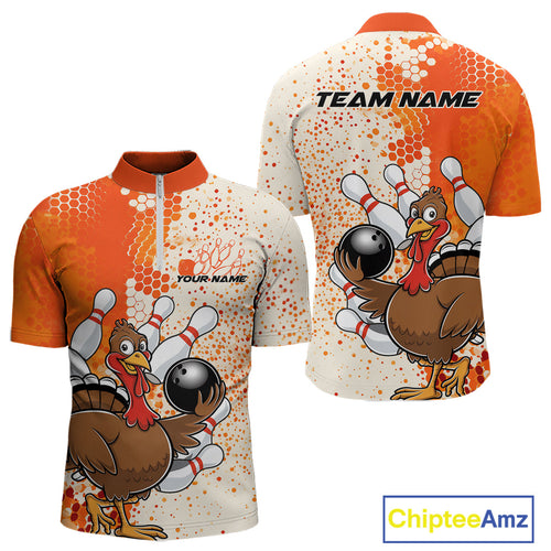 Custom Funny Orange Thanksgiving Turkey Bowling Team Men Quarter-Zip Shirts, Bowling Jerseys IPHW9767