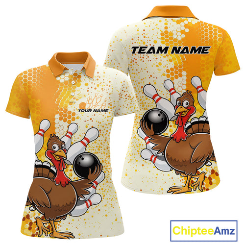 Custom Funny Yellow Thanksgiving Turkey Bowling Team Women Polo Shirts, Bowling Jerseys IPHW9768
