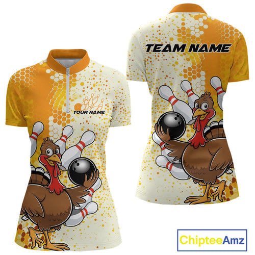Custom Funny Yellow Thanksgiving Turkey Bowling Women Quarter-Zip Shirts, Bowling Jersey IPHW9768
