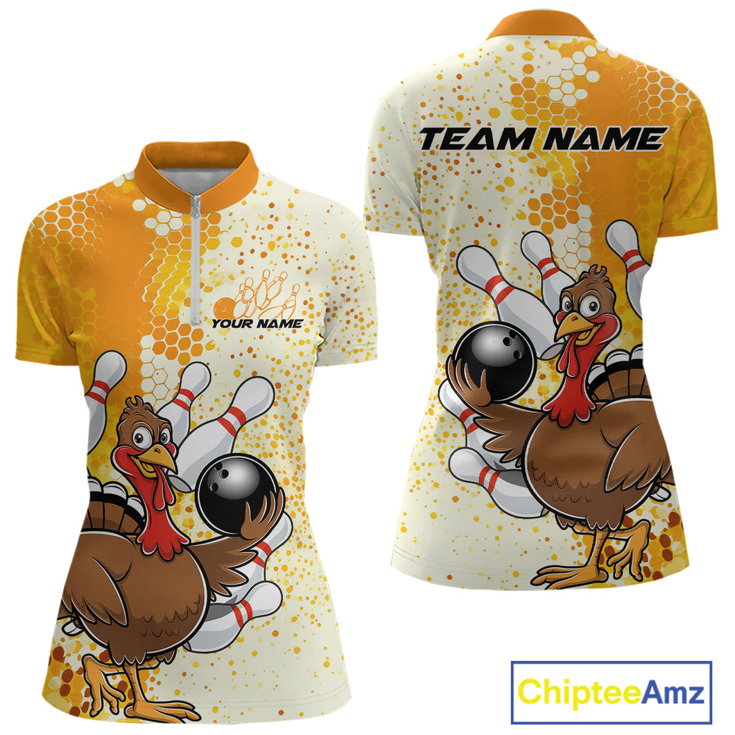 Custom Funny Yellow Thanksgiving Turkey Bowling Women Quarter-Zip Shirts, Bowling Jersey IPHW9768