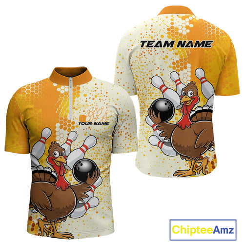 Custom Funny Yellow Thanksgiving Turkey Bowling Team Men Quarter-Zip Shirts, Bowling Jerseys IPHW9768