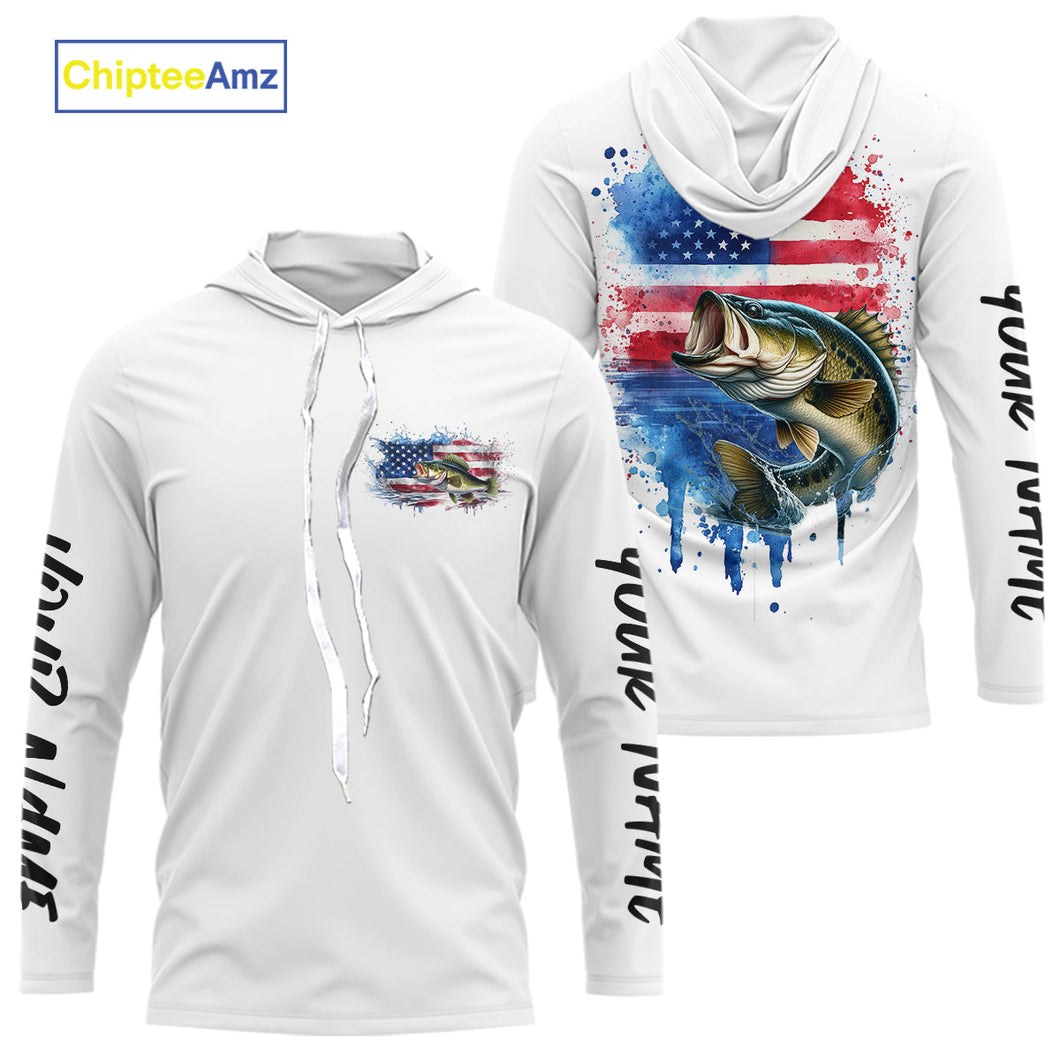 Custom Watercolor American Flag Patriotic Largemouth Bass Long Sleeve Hooded Fishing Shirt IPHW9195