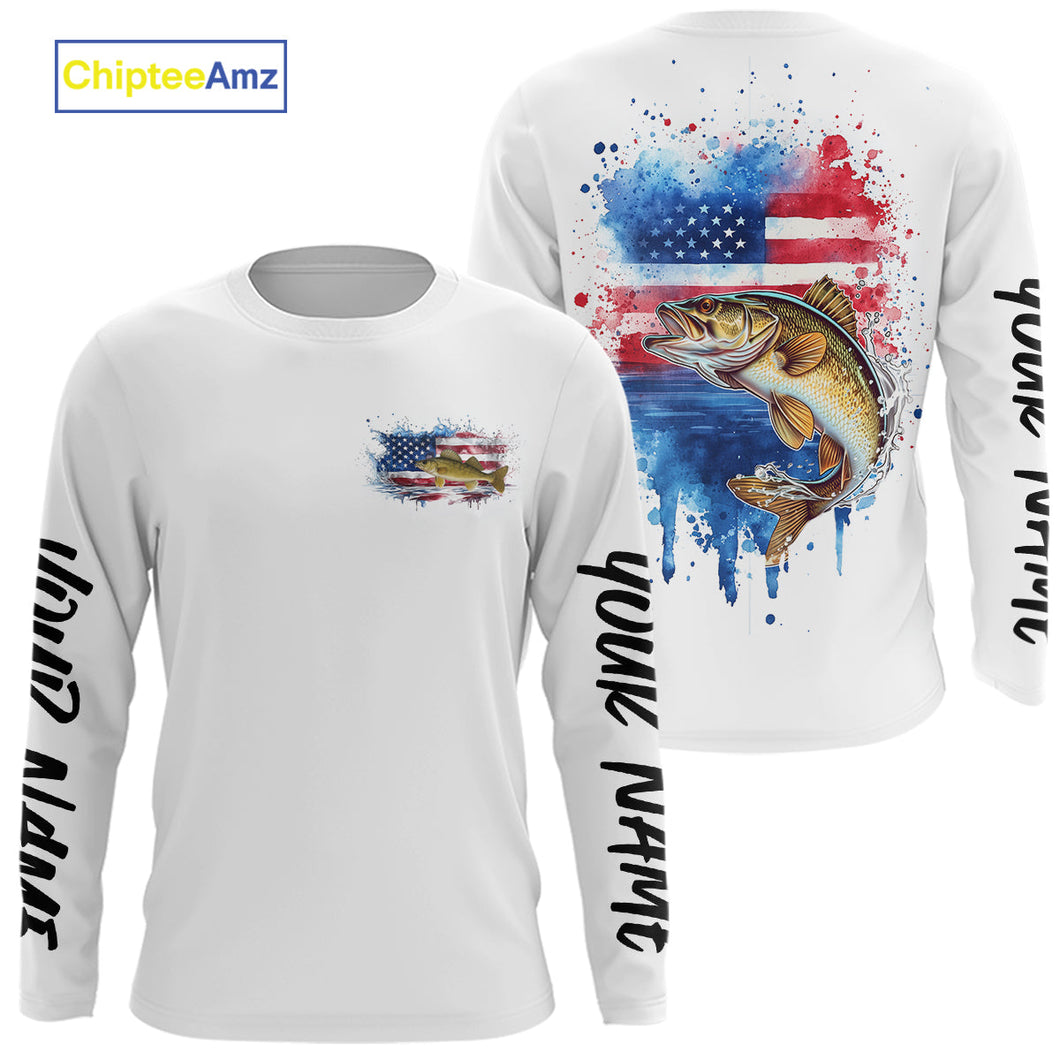 Custom Watercolor American Flag Patriotic Walleye Long Sleeve Tournament Fishing Shirt IPHW9196