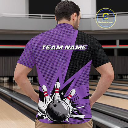 Custom Purple Bowling Jerseys, Bowling Team Men Quarter-Zip Shirts Bowling League Shirt IPHW9391