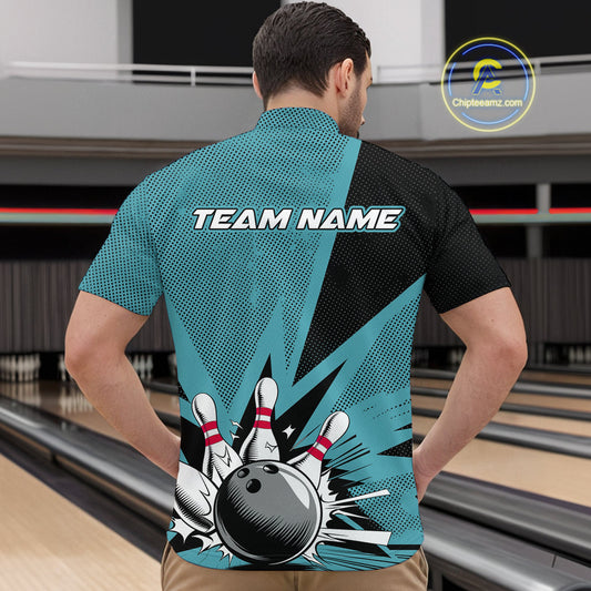 Custom Blue Bowling Jerseys, Bowling Team Men Quarter-Zip Shirts Bowling League Shirt IPHW9393