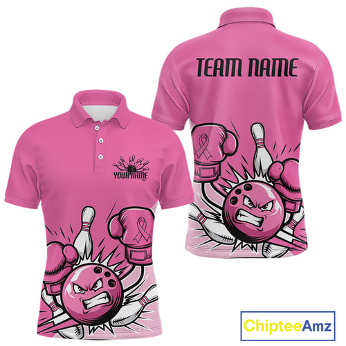 Custom Funny Pink Breast Cancer Bowling Men Polo Shirt, Breast Cancer Fighter Jerseys IPHW9395