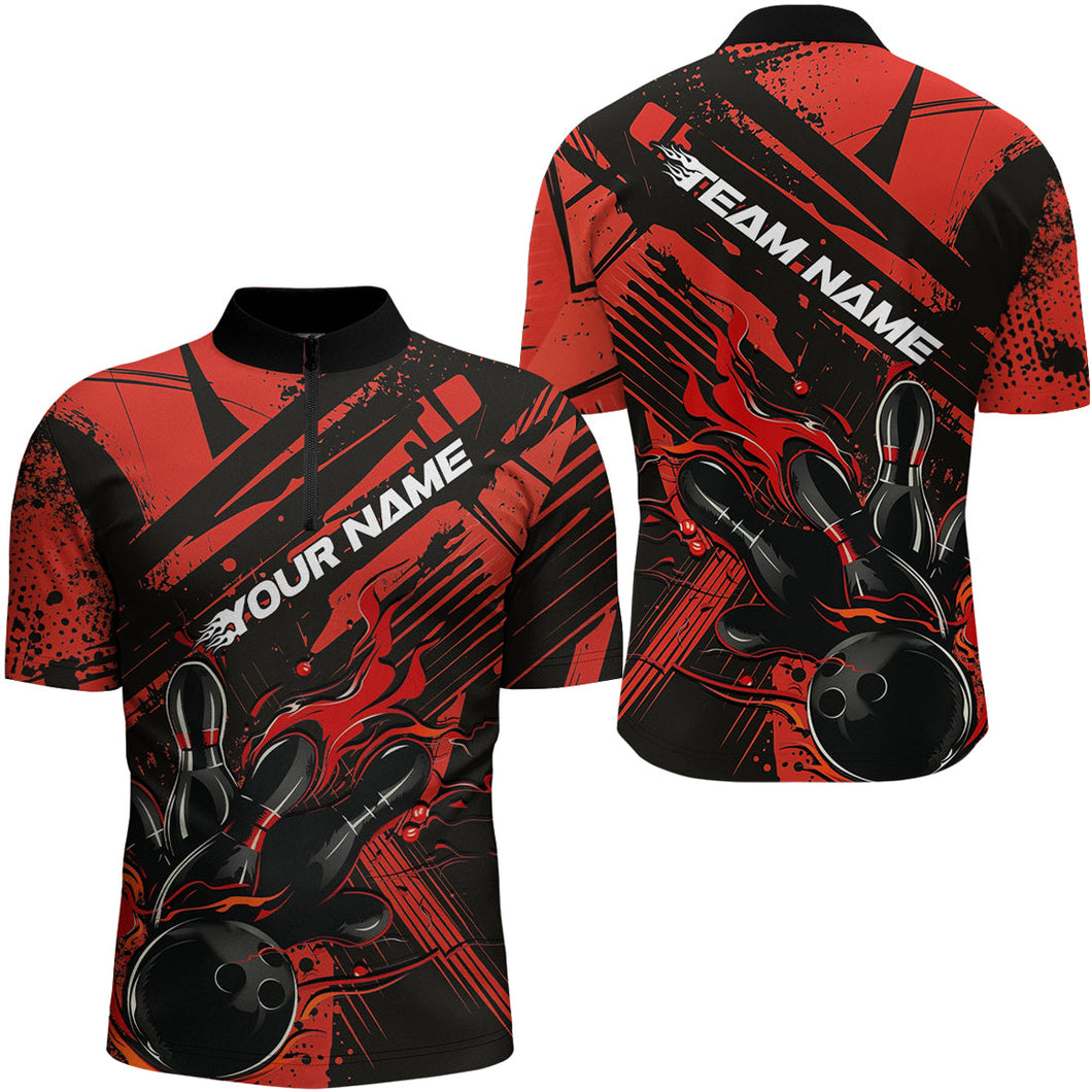 Custom Black And Red Flame Bowling Quarter-Zip Shirts For Men, Bowling Team Shirt Bowler Uniform IPHW8243