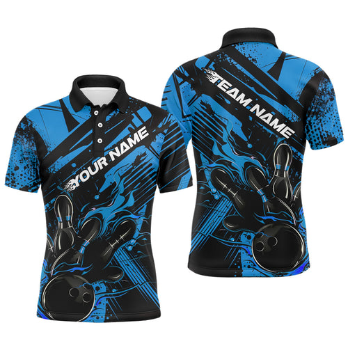 Custom Black And Blue Flame Bowling Polo Shirts For Men, Bowling Team Shirt Bowler Uniform IPHW8244