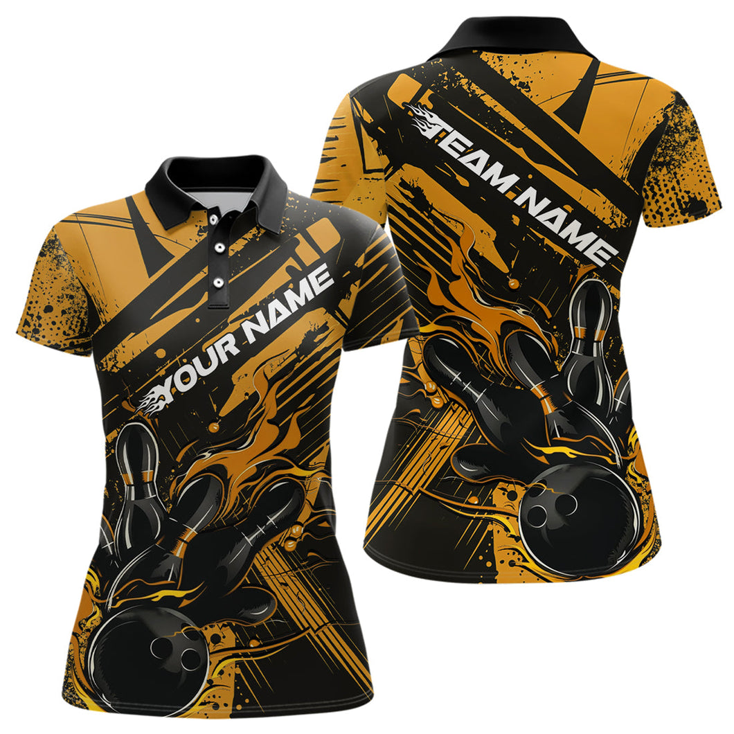 Custom Black And Gold Flame Bowling Polo Shirt For Women, Bowling Team Shirt Bowler Uniform IPHW8245