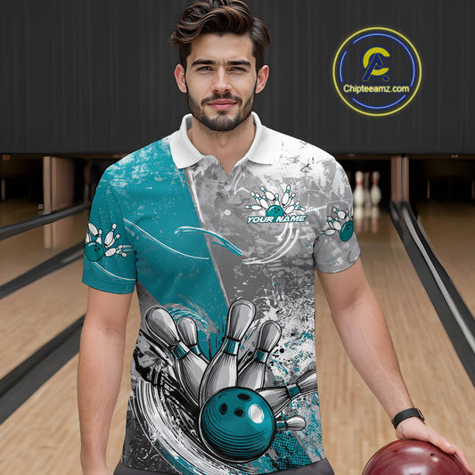 Custom Grunge Blue Bowling Polo Shirts For Men, Distressed Vintage Bowling Team Shirts IPHW9551