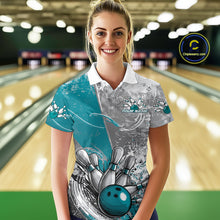 Load image into Gallery viewer, Custom Grunge Blue Bowling Polo Shirts For Women, Distressed Vintage Bowling Team Shirts IPHW9551