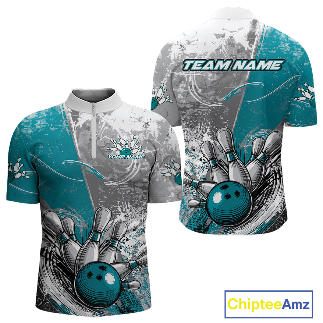 Custom Grunge Blue Bowling Quarter-Zip Shirts For Men, Distressed Vintage Bowling Team Shirts IPHW9551
