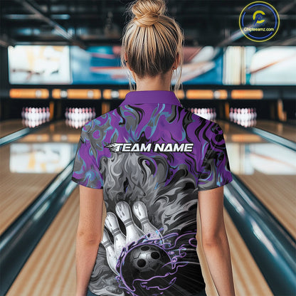 Custom Blue And Purple Fame Bowling Team Women Quarter-Zip Shirt, Fire Bowling Jerseys IPHW9559