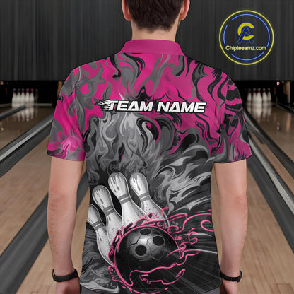 Custom Pink Flame Bowling Team Polo Shirts For Men, Fire Bowling Jerseys IPHW9561
