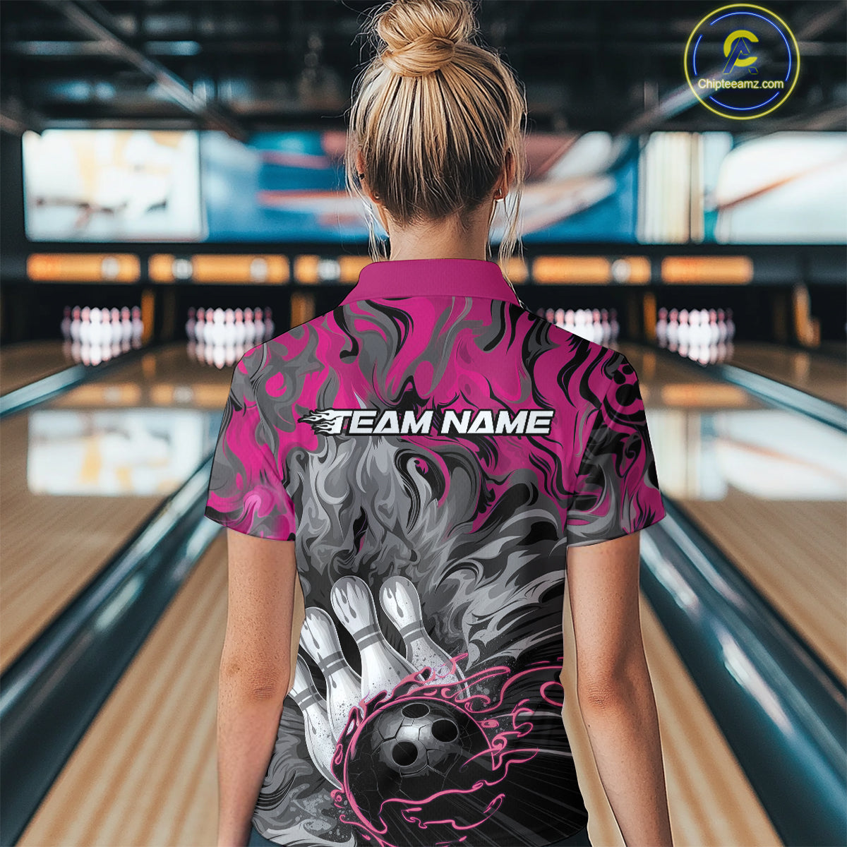 Custom Pink Flame Bowling Team Quarter-Zip Shirts For Women, Fire Bowling Jerseys IPHW9561