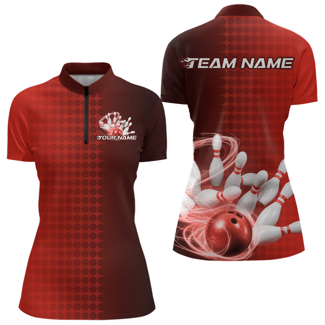 Custom Red Flame Bowling Women Quarter-Zip Shirts, Bowling Tournament Team Shirt IPHW9408