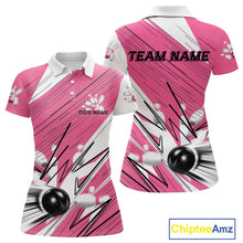 Load image into Gallery viewer, Custom White And Pink Bowling Team Women Polo Shirts, Bowling Ball And Pins Jerseys IPHW9599