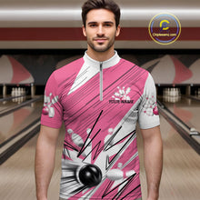 Load image into Gallery viewer, Custom White And Pink Bowling Team Men Quarter-Zip Shirts, Bowling Ball And Pins Jerseys IPHW9599