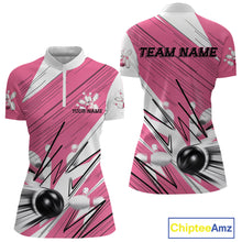 Load image into Gallery viewer, Custom White And Pink Bowling Team Women Quarter-Zip Shirt, Bowling Ball And Pins Jerseys IPHW9599