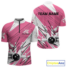 Load image into Gallery viewer, Custom White And Pink Bowling Team Men Quarter-Zip Shirts, Bowling Ball And Pins Jerseys IPHW9599