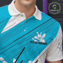 Load image into Gallery viewer, Custom White And Blue Bowling Team Men Polo Shirts, Bowling Ball And Pins Jerseys IPHW9600