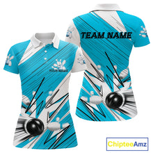 Load image into Gallery viewer, Custom White And Blue Bowling Team Women Polo Shirts, Bowling Ball And Pins Jerseys IPHW9600