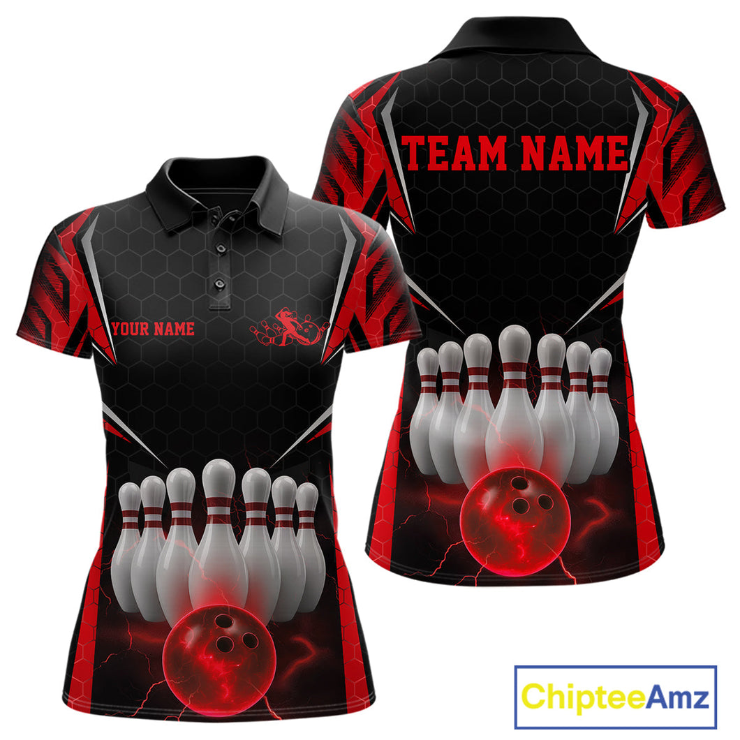 Custom Black And Red Bowling Team Jerseys, Bowler Uniform Bowling Polo Shirts For Women IPHW9283