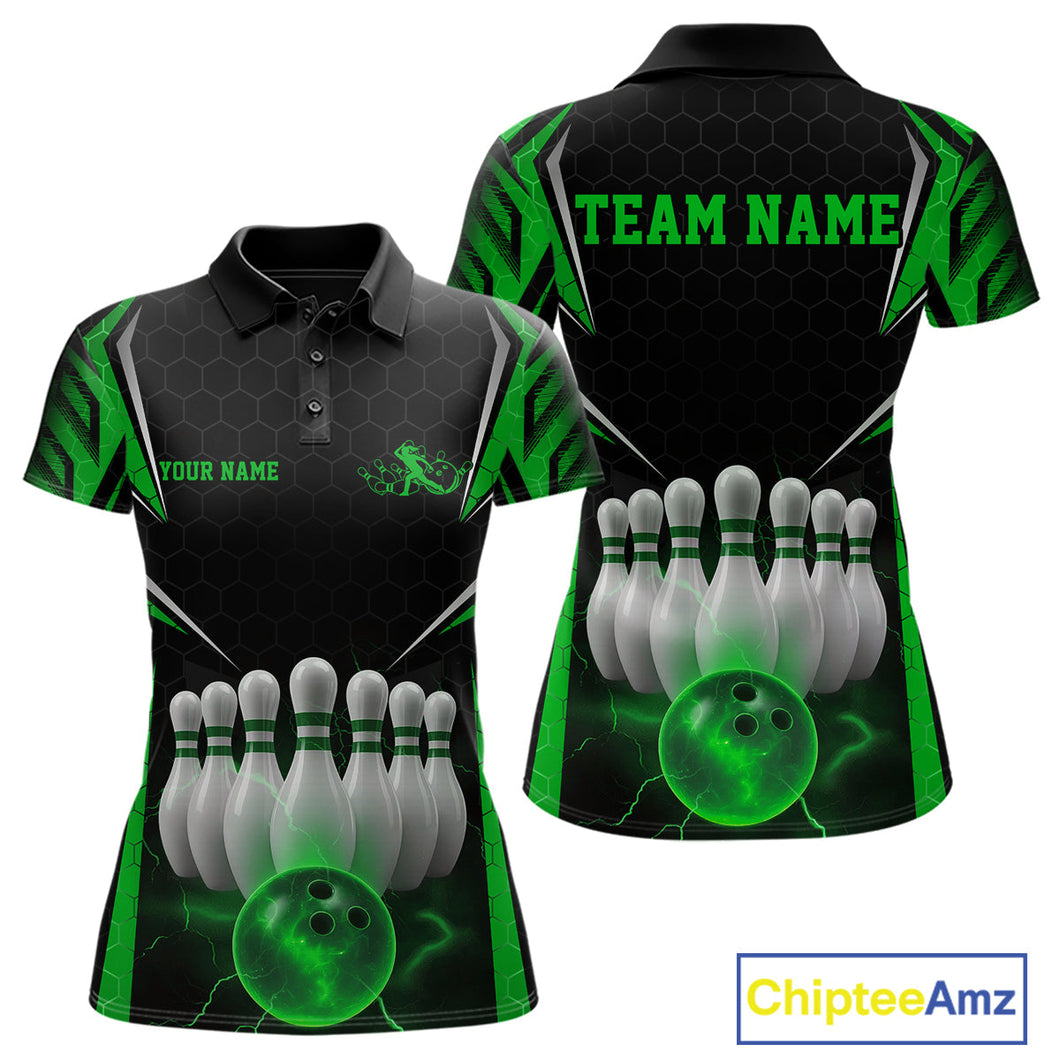 Custom Black And Green Bowling Team Jerseys, Bowler Uniform Bowling Polo Shirts For Women IPHW9285