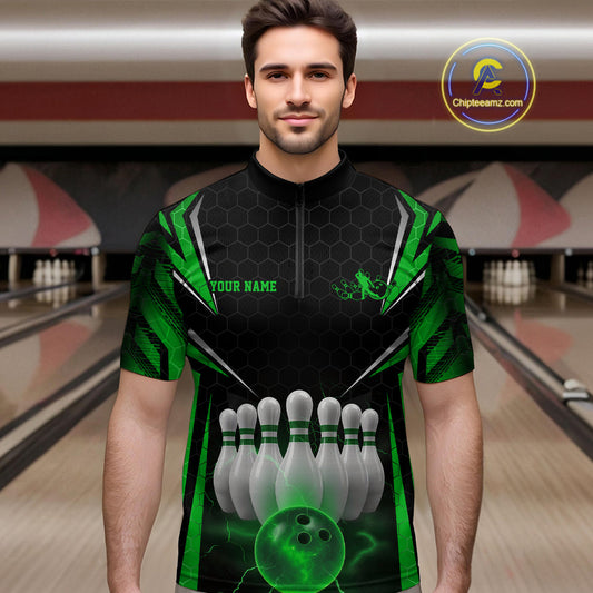 Custom Black And Green Bowling Team Jerseys, Bowler Uniform Bowling Quarter-Zip Shirts For Men IPHW9285