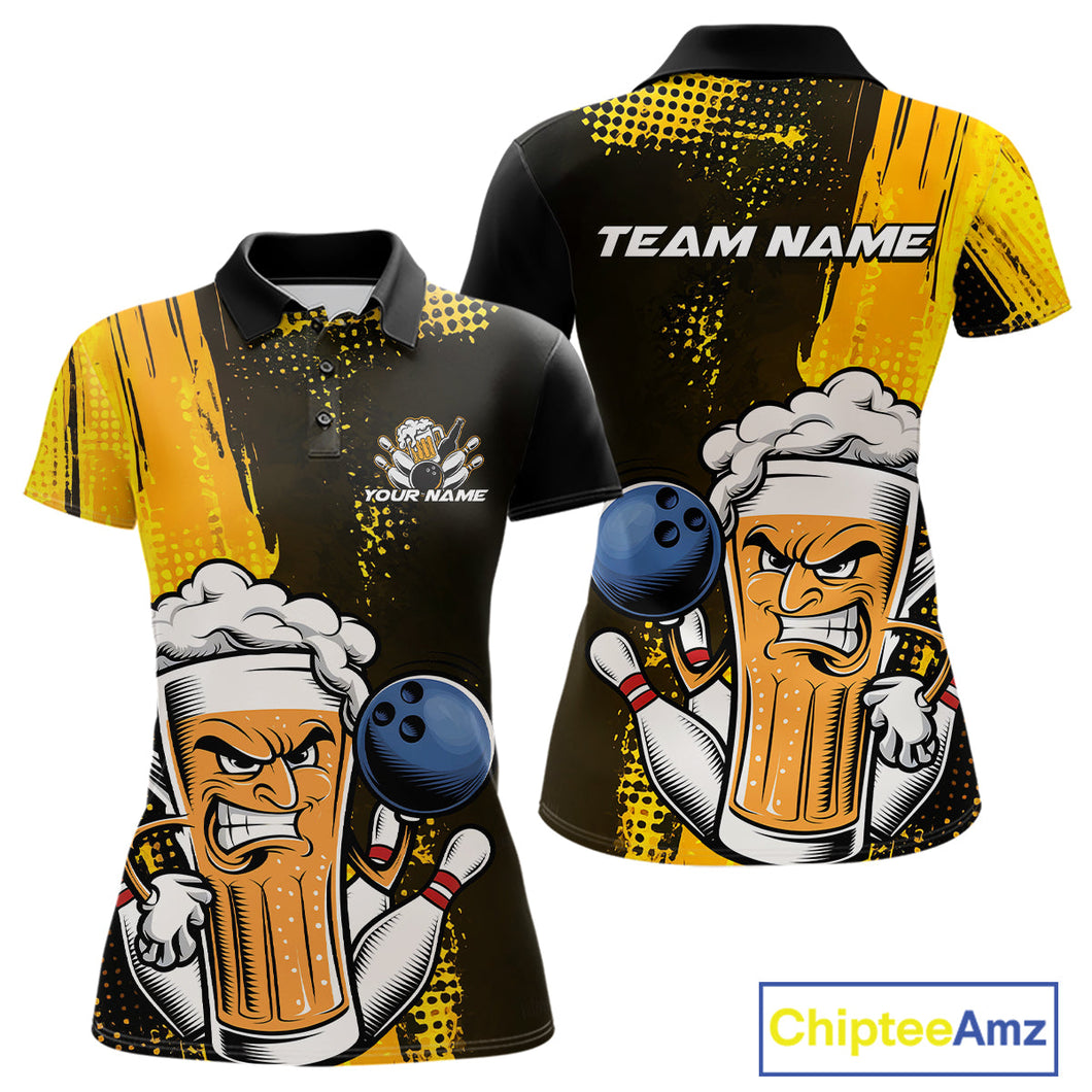 Custom Black And Yellow Funny Bowling And Beer Jerseys, Bowling Team Women Polo Shirts IPHW9606