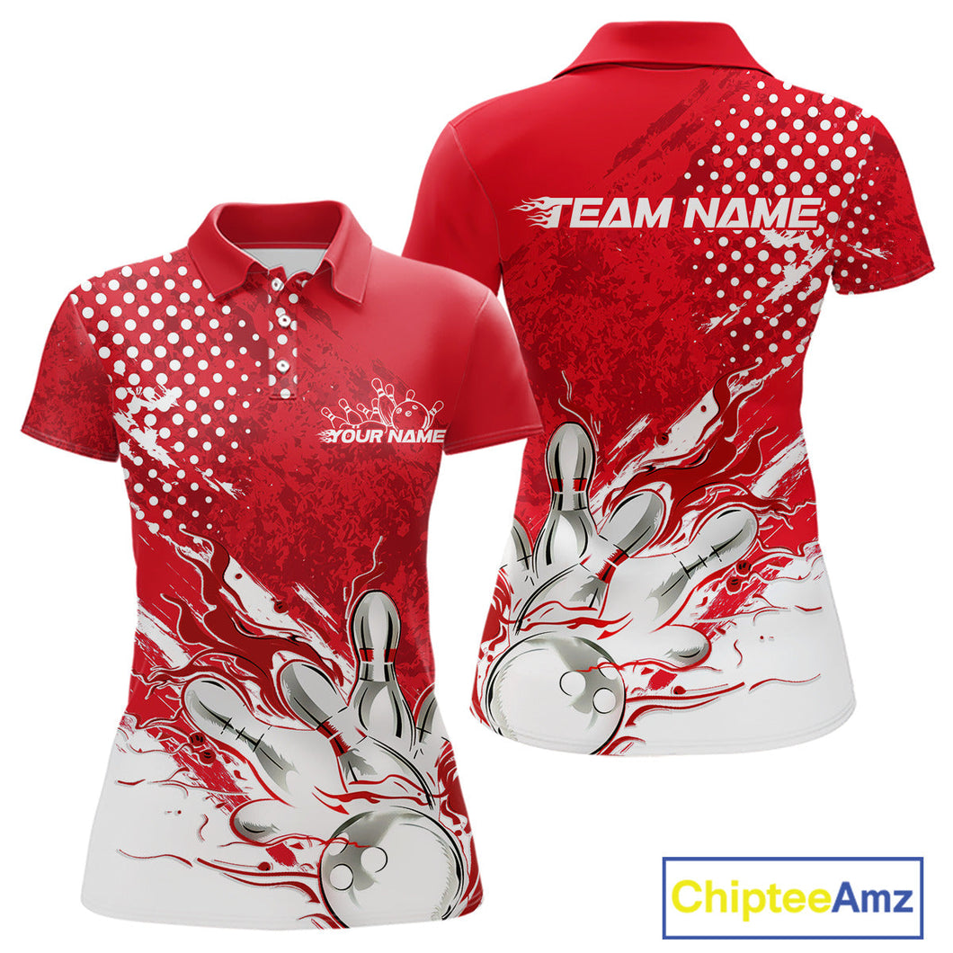 Custom White And Red Bowling Team Polo Shirts For Women, Flame Bowling Jerseys Team Shirt IPHW9618