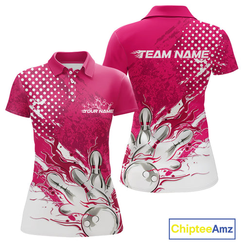Custom White And Pink Bowling Team Polo Shirt For Women, Flame Bowling Jerseys Team Shirt IPHW9619