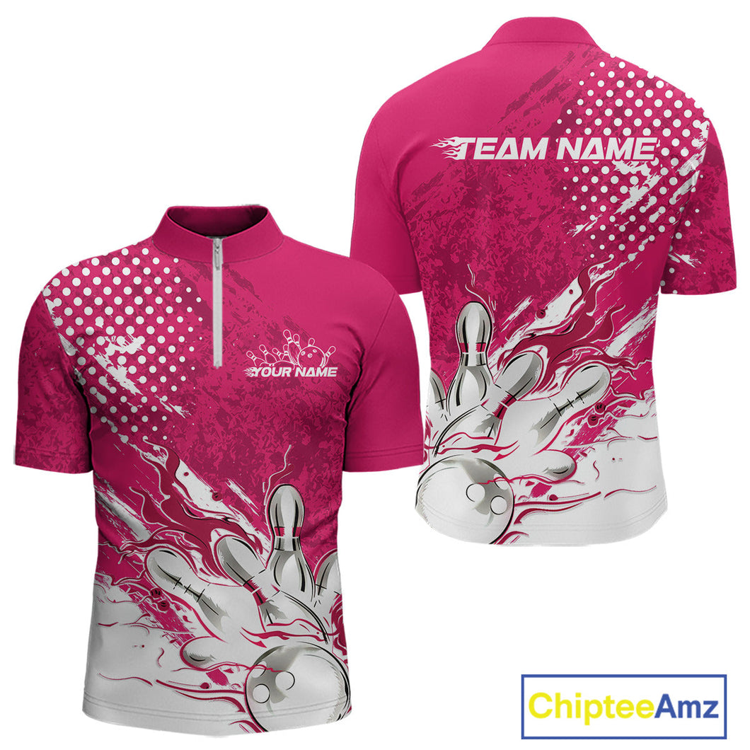 Custom White And Pink Bowling Team Quarter-Zip Shirts For Men, Flame Bowling Jerseys Team Shirt IPHW9619