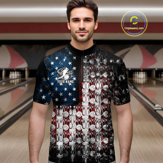 Custom Patriotic US Flag Bowling Men Quarter-Zip Team Shirts, American Bowling League Shirt IPHW9325