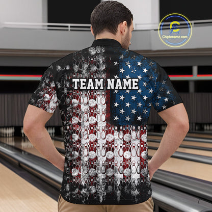 Custom Patriotic US Flag Bowling Men Quarter-Zip Team Shirts, American Bowling League Shirt IPHW9325
