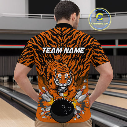Custom Black And Orange Tiger Print Bowling Quarter-Zip Team Shirts For Men, Bowling Jerseys IPHW9091