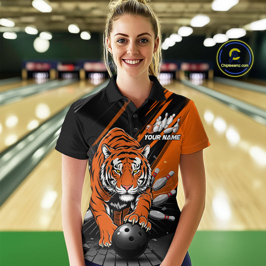 Custom Tiger Bowling Team Polo Shirts For Women, Bowling Tournament Outfit IPHW9096