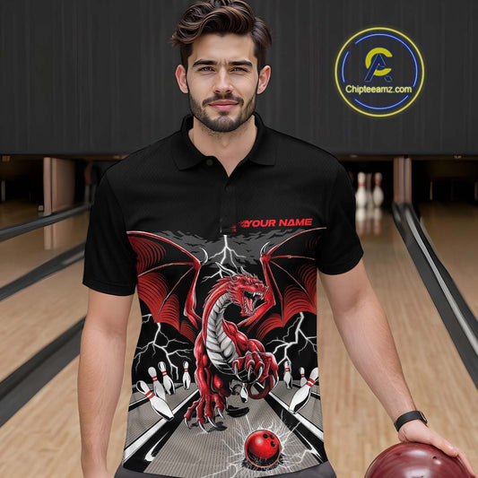 Custom Red Dragon On The Lane Bowling Polo Shirts For Men, Dragon Bowling Team Shirt IPHW9101