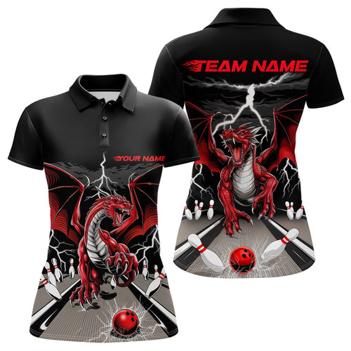 Custom Red Dragon On The Lane Bowling Polo Shirts For Women, Dragon Bowling Team Shirt IPHW9101