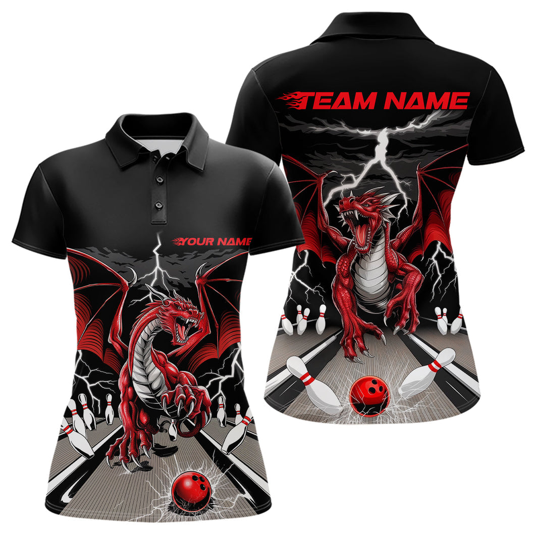 Custom Red Dragon On The Lane Bowling Polo Shirts For Women, Dragon Bowling Team Shirt IPHW9101