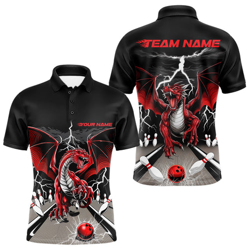 Custom Red Dragon On The Lane Bowling Polo Shirts For Men, Dragon Bowling Team Shirt IPHW9101