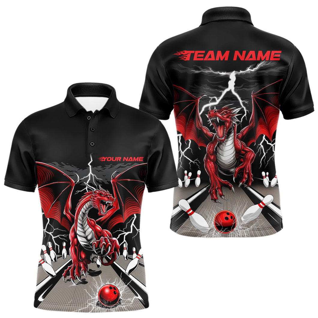Custom Red Dragon On The Lane Bowling Polo Shirts For Men, Dragon Bowling Team Shirt IPHW9101