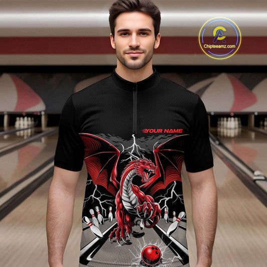 Custom Red Dragon On The Lane Bowling Quarter-Zip Shirts For Men, Dragon Bowling Team Shirt IPHW9101