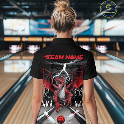 Custom Red Dragon On The Lane Bowling Women Quarter-Zip Shirts, Dragon Bowling Team Shirt IPHW9101