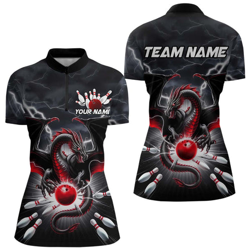 Custom Thunder Lightning Red Dragon Bowling Team Women Quarter-Zip Shirts, Bowling Jersey IPHW9110