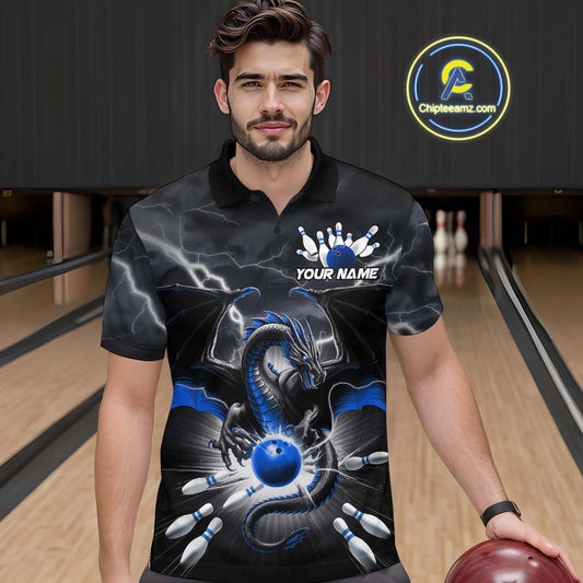 Custom Thunder Lightning Blue Dragon Bowling Team Polo Shirts For Men, Bowling Jerseys IPHW9111