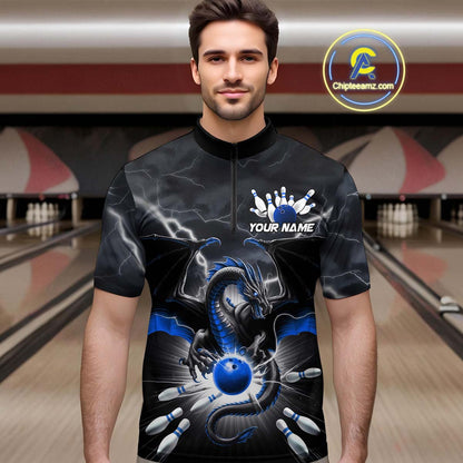 Custom Thunder Lightning Blue Dragon Bowling Team Quarter-Zip Shirts For Men, Bowling Jerseys IPHW9111